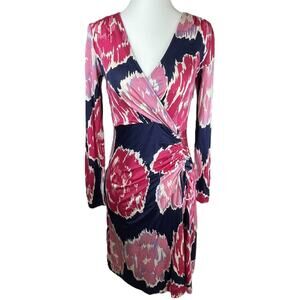 Lilly Pulitzer XS Long Sleeve Wrap Dress Pink Navy Abstract Ikat Print Ruched